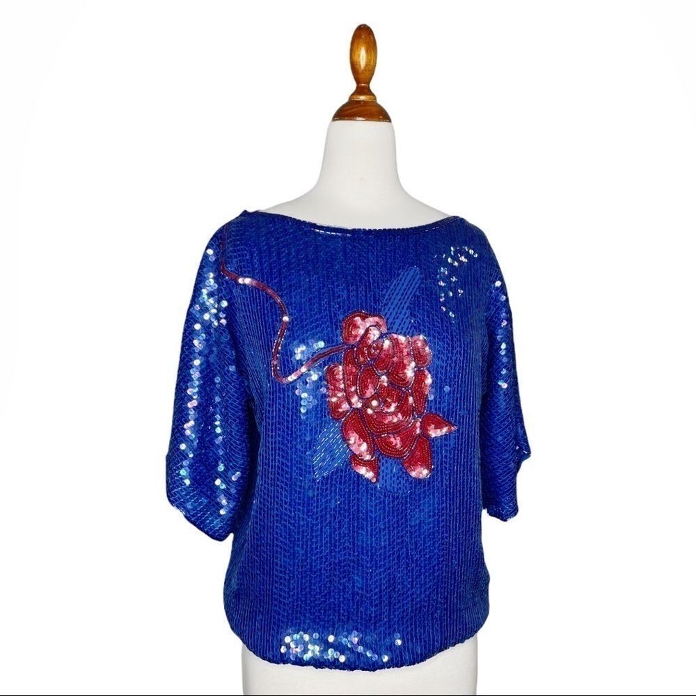 VTG Dominique Bright Blue Beaded Sequined Rose Top Silk Size Medium